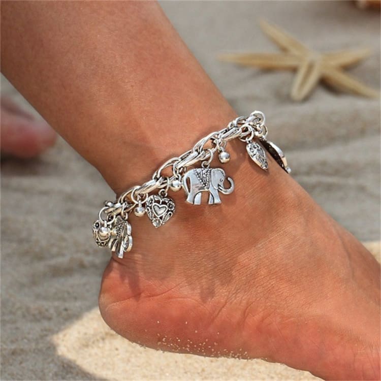 Bracelet de cheville vintage en forme d'éléphant et de cœur