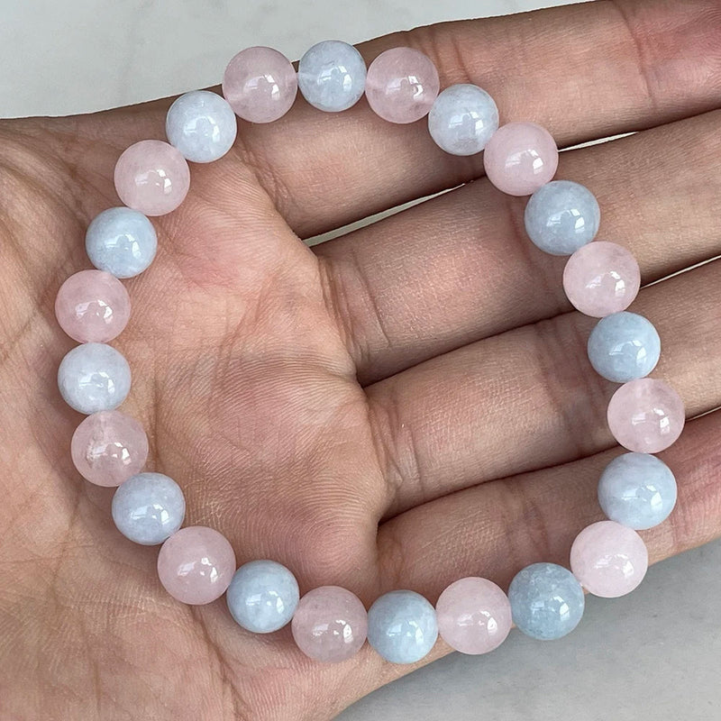 Bracelet en perles de béryl et quartz rose