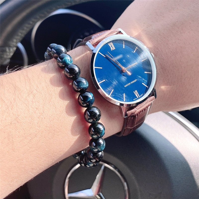 Bracelet perles homme en œil de tigre bleu