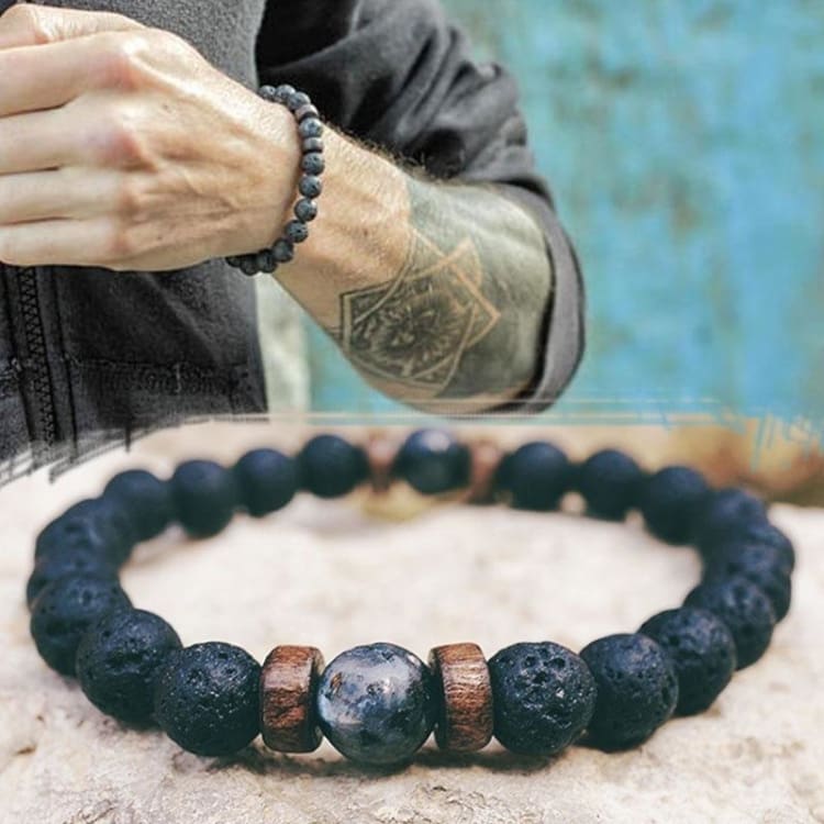 Bracelet pour homme en perle de lave et obsidienne