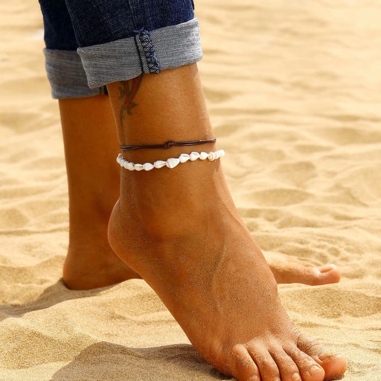 Ensemble bracelet de cheville coquillage et simili cuir