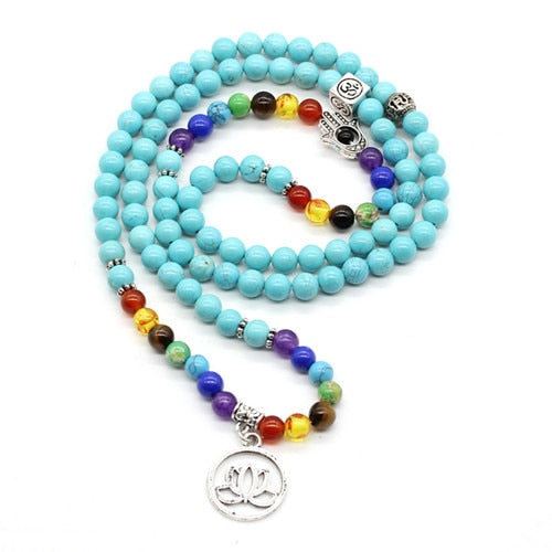 Bracelet H/F Mala Détox en perles de Turquoise et 7 chakras avec charmes