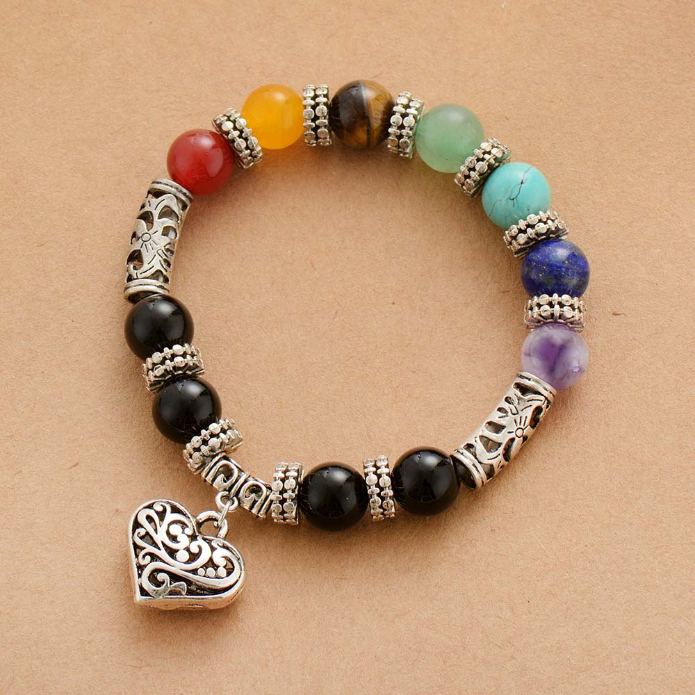 Bracelet Mala 7 Chakras pendentif coeur