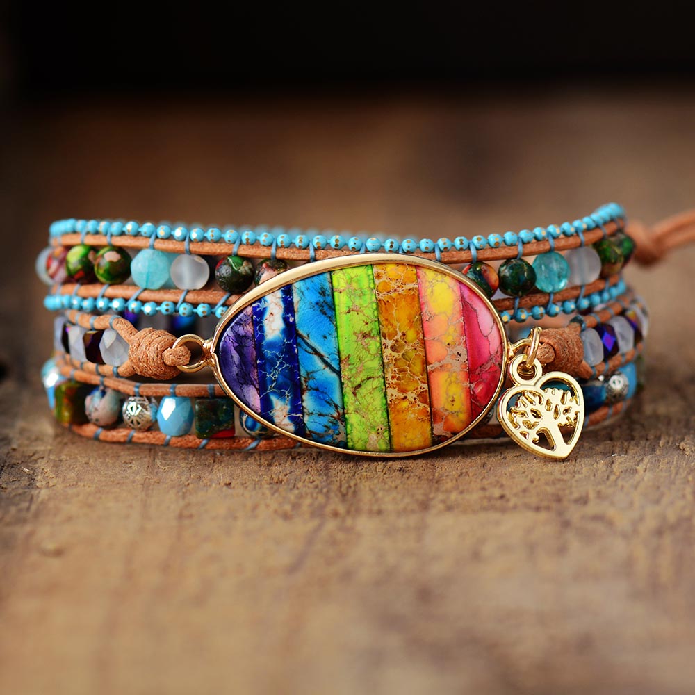 Bracelet Wrap 3 tours en Jaspe, 7 chakras et arbre de vie dans un coeur